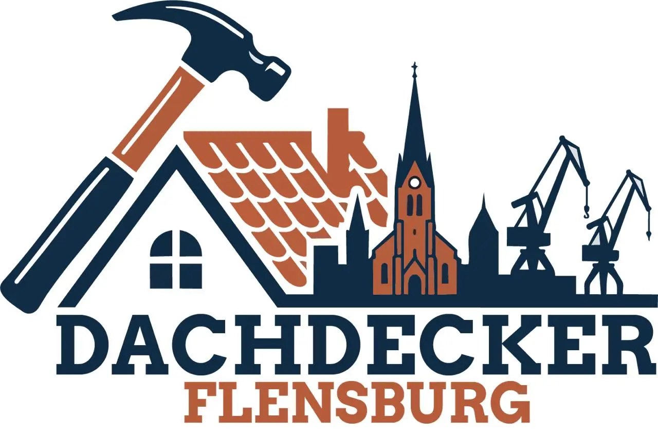 Logo Dachdecker Flensburg mit Dach, Hammer und Skyline