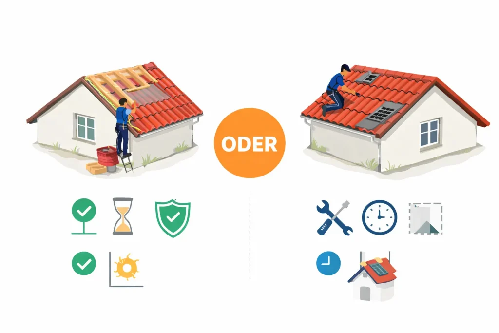 Vergleich zwischen Dachsanierung und Dachreparatur mit Icons und Dacharbeiten